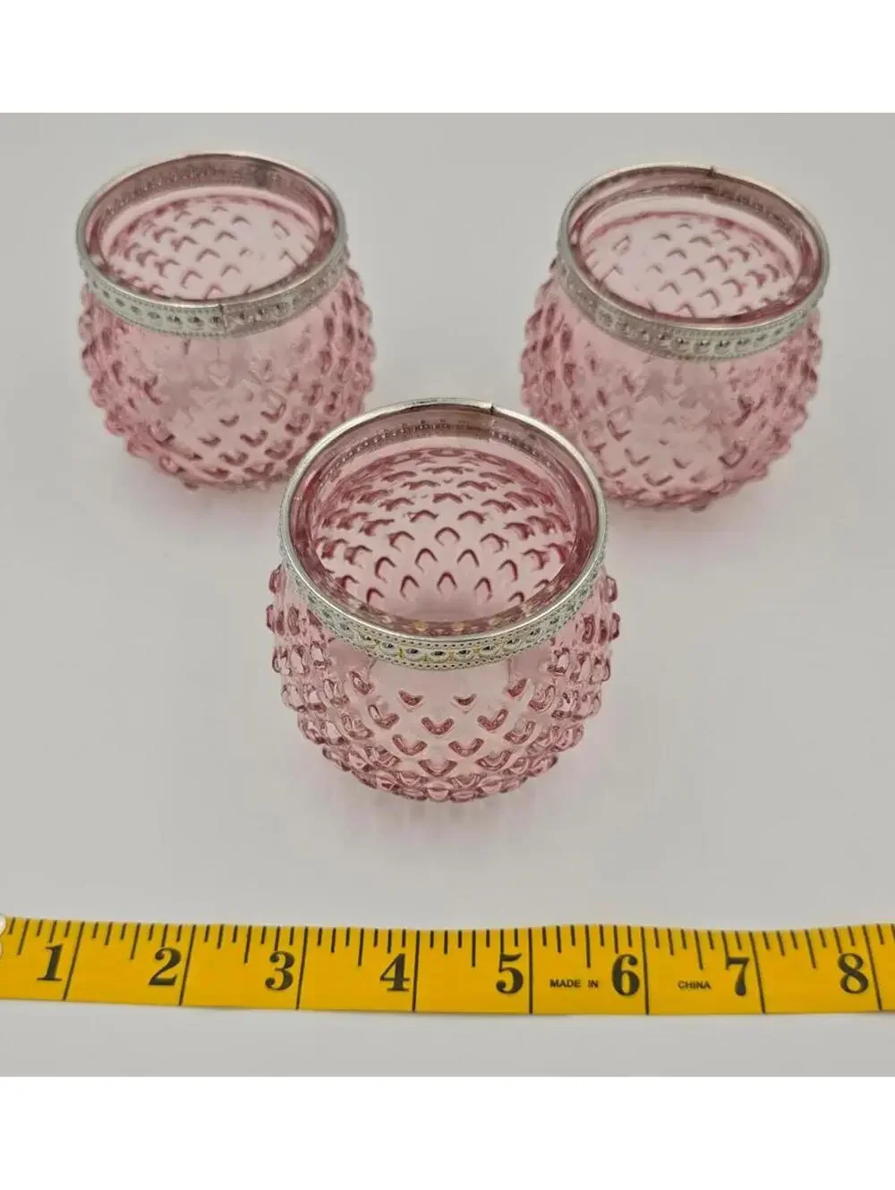 Set of 3 Pink Hobnail Glass Jars/Candle Holders w/Silver Bands